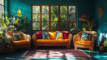 A vibrant tropical escape living room featuring bamboo chairs, bright tropical-colored pillows, and palm leaf patterns on the walls, sunlight pouring in through large windows,