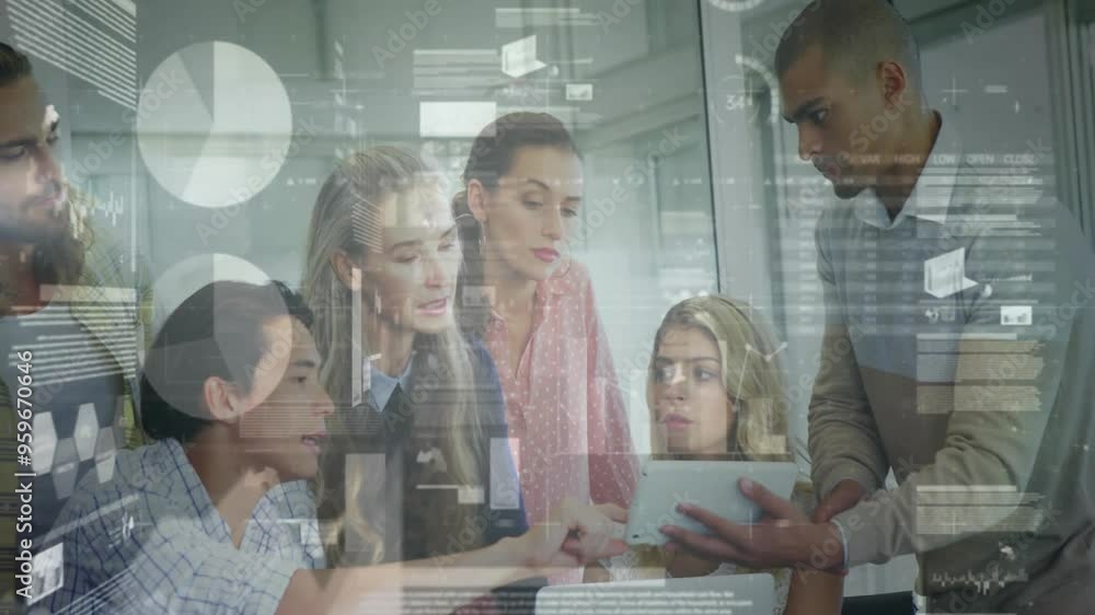 Poster business data processing animation over diverse team collaborating with tablet