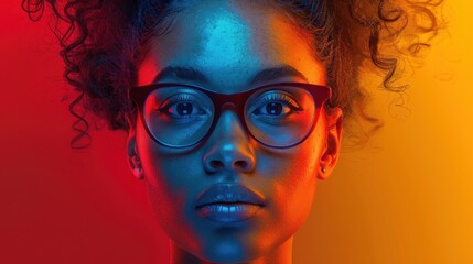 A woman with glasses and curly hair is staring at the camera
