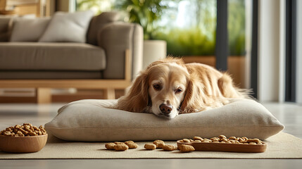 A Cozy RetreatA Gentle Dog Enjoys Gourmet Treats in a Luxurious Pet Bed Setting