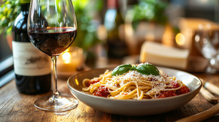 Rustic Italian farmhouse kitchen, a table set with fresh homemade pasta, topped with a rich tomato basil sauce, grated parmesan cheese, and a glass of red wine