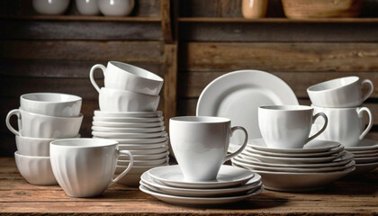 Fototapeta premium Clean white dishes stand in stacks on a wooden table.