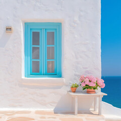 A minimalistic image of a blue window on a white wall with a bright ocean view. Contemporary architectural photography with Mediterranean vibes.