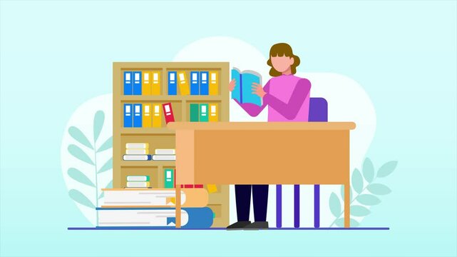 Animated video reading book concept. Full length animation illustration. High quality 4k footage.