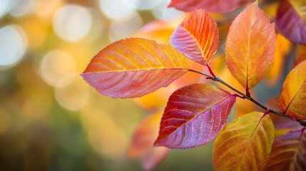 Obraz premium Close-up of vibrant red and orange leaves with blurred bokeh background.