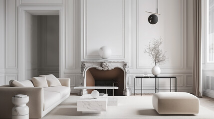 Living room with a deep sofa upholstered in soft velvet, paired with marble side tables and an elegant fireplace surrounded by minimalist decor.