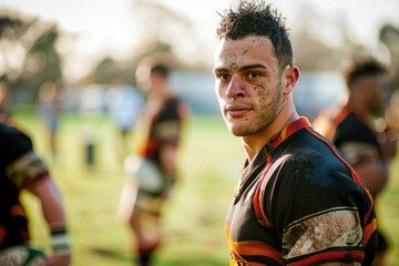 Fototapeta premium Determined rugby player on field with teammates in background AI