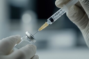 Gloved hand carefully draws liquid from a vial with a syringe, reflecting precision in a medical setting.
