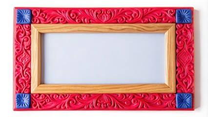Ornate Red and Blue Picture Frame with Wooden Inlay