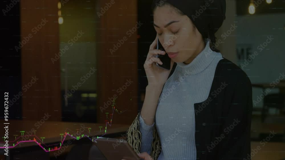 Poster analyzing financial data animation over woman talking on smartphone and using tablet