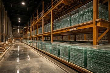 Naklejka premium Glass Blocks Stored on Wooden Racks in a Warehouse