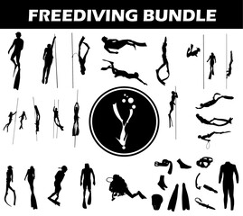 Freediving Silhouette Bundle | Collection of Freediving Players with Logo and Freediving Equipment