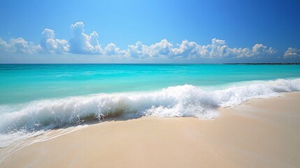 A wave breaks on a pristine, white sand beach with a crystal-clear turquoise sea and a bright blue sky with fluffy white clouds.
