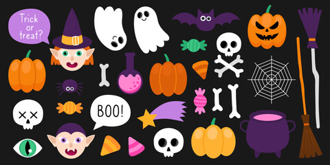Collection of magical Halloween illustrations. Cute cartoon elements for Halloween design. Witch, vampire, cat, pumpkins, ghost, bat, spider, skull, bones, broom, cauldron, candy, star, web, potion.