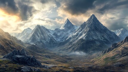 Fototapeta premium Majestic mountains with snowcapped peaks and a valley shrouded in mist, bathed in the golden light of sunrise.