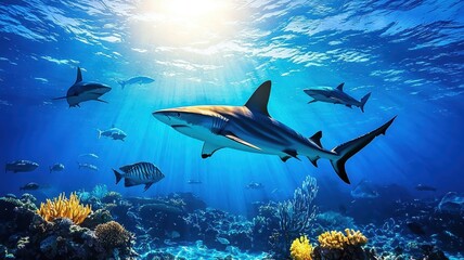 Fototapeta premium A breathtaking underwater scene featuring a variety of sharks swimming gracefully among vibrant coral reefs.