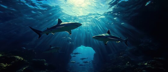 Fototapeta premium A breathtaking underwater scene featuring majestic sharks swimming gracefully through sunlit waters.