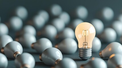 Bright light bulb in a sea of dark bulbs, representing unique ideas and creativity in a minimalist setting