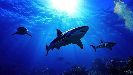 A captivating underwater scene showcasing majestic sharks swimming gracefully beneath vibrant sunlight, highlighting marine beauty.