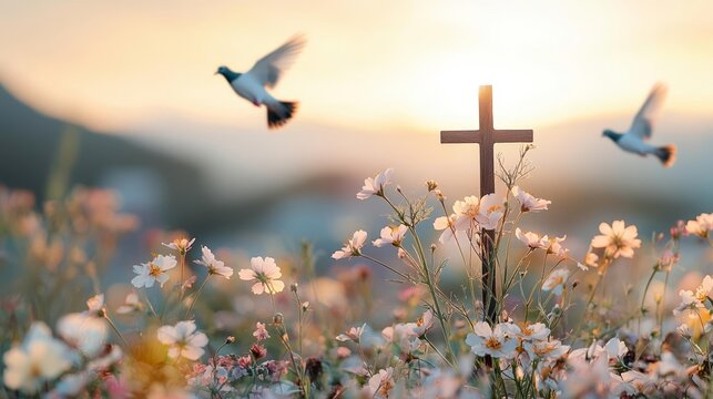 Golden sunset casting light over a cross surrounded by soft, pastel-colored wildflowers, doves soaring gracefully in the background
