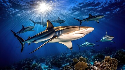 Fototapeta premium A majestic shark glides through crystal-clear waters, surrounded by a vibrant underwater ecosystem and shimmering sunlight.