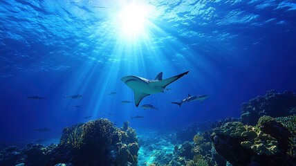 A majestic shark glides through crystal-clear waters, illuminated by bright sun rays. An underwater paradise awaits exploration.
