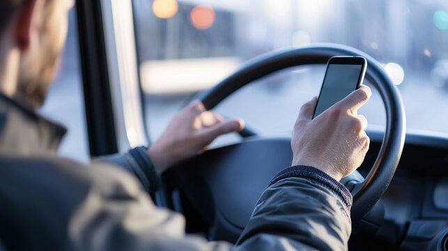 Close-up of a bus driver dangerously using a cell phone while driving, highlighting the risks of distracted driving. photo