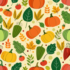 Seamless autumn pattern of vegetables, pumpkins, corn, peppers and falling leaves.