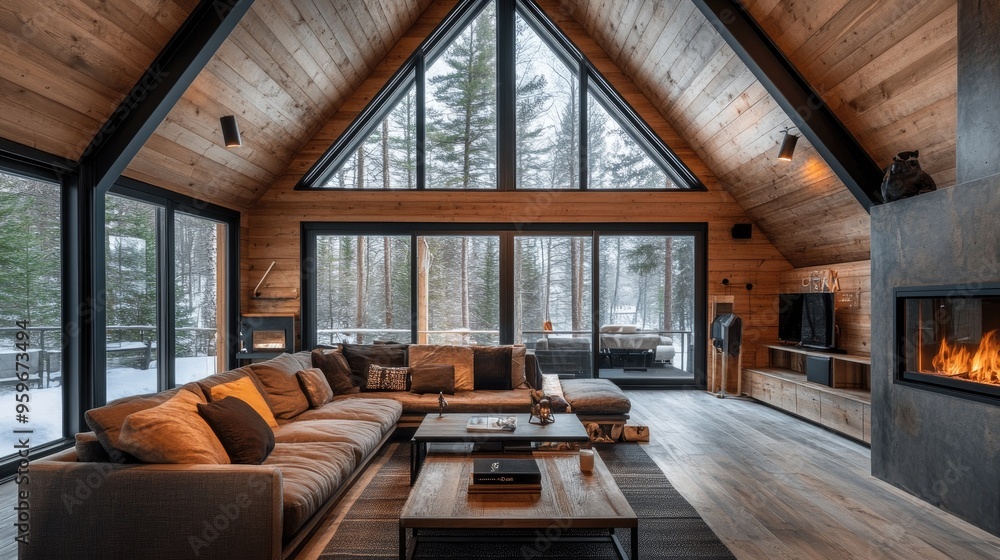 Poster modern a-frame cabin interior with large windows overlooking forest