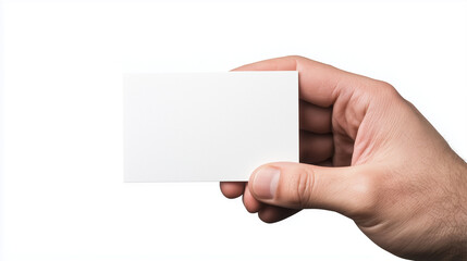 Obraz premium closeup of a hand holding a white, blank business card against a transparent background. Ideal for corporate business advertising and branding presentations, with ample space for c