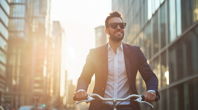 happy businessman walking his bicycle through an urban street, showcasing a healthy and enjoyable commuting option. Great for representing modern, eco-conscious living and commutin
