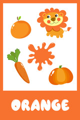 Learning colors worksheet for kids. Orange color flashcard. Worksheet for preschool children. Learning primary colors for preschoolers. Educational flashcards for children.