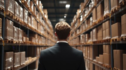 Fototapeta premium Businessman Standing in Warehouse with Cardboard Boxes