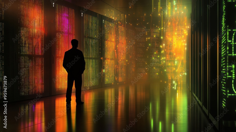 Poster a man stands in a data center, surrounded by glowing screens of code.