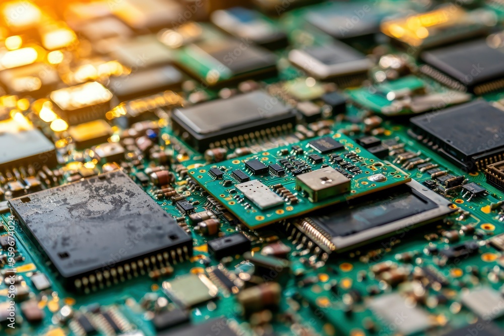 Poster close-up of a circuit board with integrated circuits and components