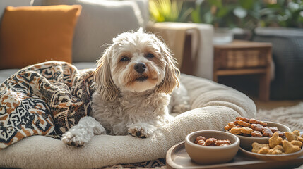 A Cozy RetreatA Content Dog Relaxing on a Plush Pet Bed Surrounded by Nutritious Treats and a Warm Living Room Ambiance
