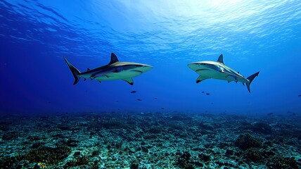 Obraz premium Two majestic sharks swim gracefully in a vibrant blue ocean, showcasing the beauty of marine life and underwater ecosystems.
