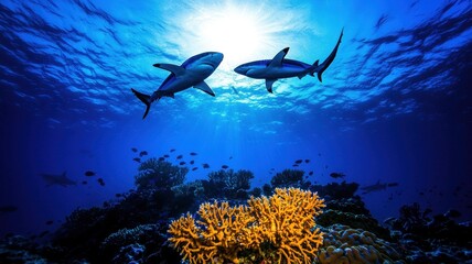 Fototapeta premium Two sharks swim gracefully above vibrant coral in a stunning underwater scene, showcasing the beauty of marine life.