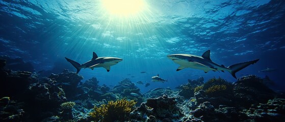 Fototapeta premium Underwater scene featuring majestic sharks swimming peacefully among vibrant coral and sunlit waters, showcasing marine beauty.