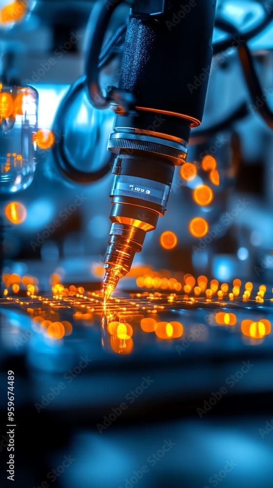 Poster close-up of a precision machine focusing on a circuit board with glowing orange lights, showcasing a