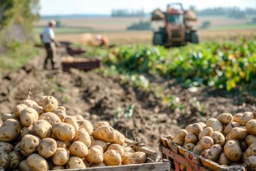 Potato harvesting season with farmers and farming equipment in rural fields AI