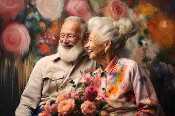 Obraz premium Joyful elderly couple with flowers on colorful background.