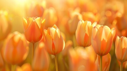 Obraz premium Beautiful golden tulips in soft sunlight, glowing in the golden hour. Ideal for spring and nature-themed projects, radiating warmth and beauty.