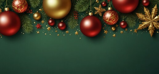 Square banner with gold and red Christmas symbols and text. Christmas tree, balls, golden tinsel confetti and snowflakes on green background. Header for website template