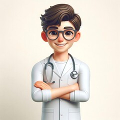 3D-style handsome cartoon character of a boy doctor on light background