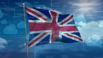 United Kingdom flag waving with cloud computing and binary code animation over sky - Powered by Adobe