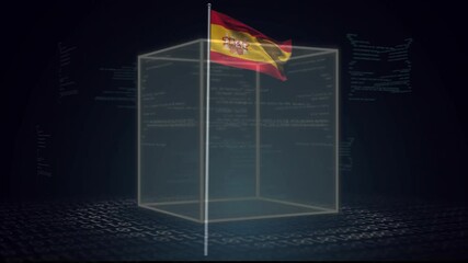 Spanish flag waving over digital data processing animation with transparent cube - Powered by Adobe