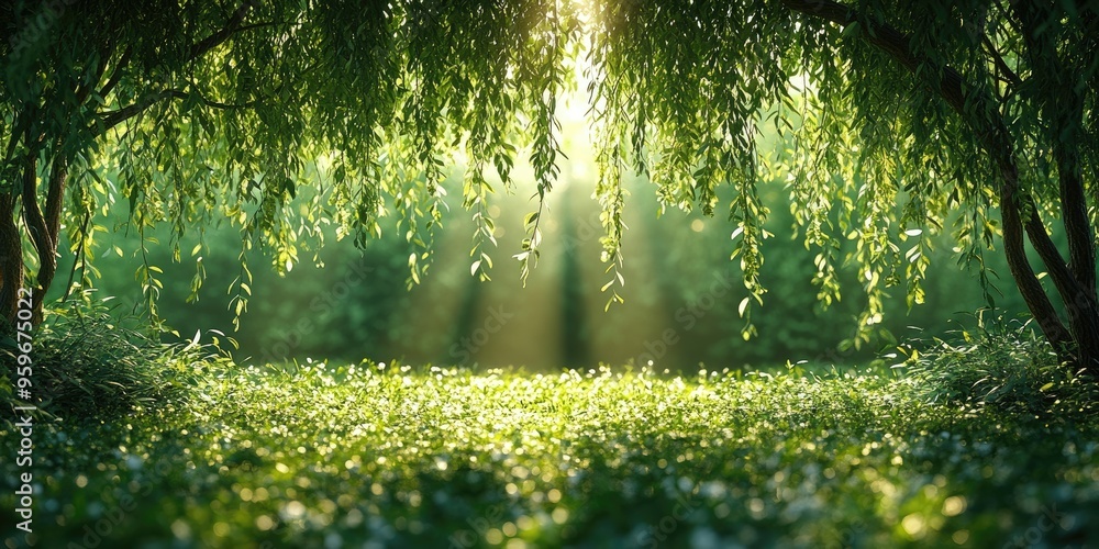 Poster sunlight shining through canopy of trees creating idyllic forest landscape
