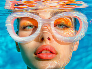 A striking underwater portrait of a woman wearing large transparent glasses, blending surrealism with fashion. The vibrant colors and reflection create a unique, dynamic composition.