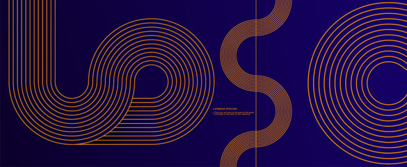 Abstract elegant black background with shiny gold geometric lines. Modern golden diagonal rounded lines pattern. Luxury style. Horizontal banner template.